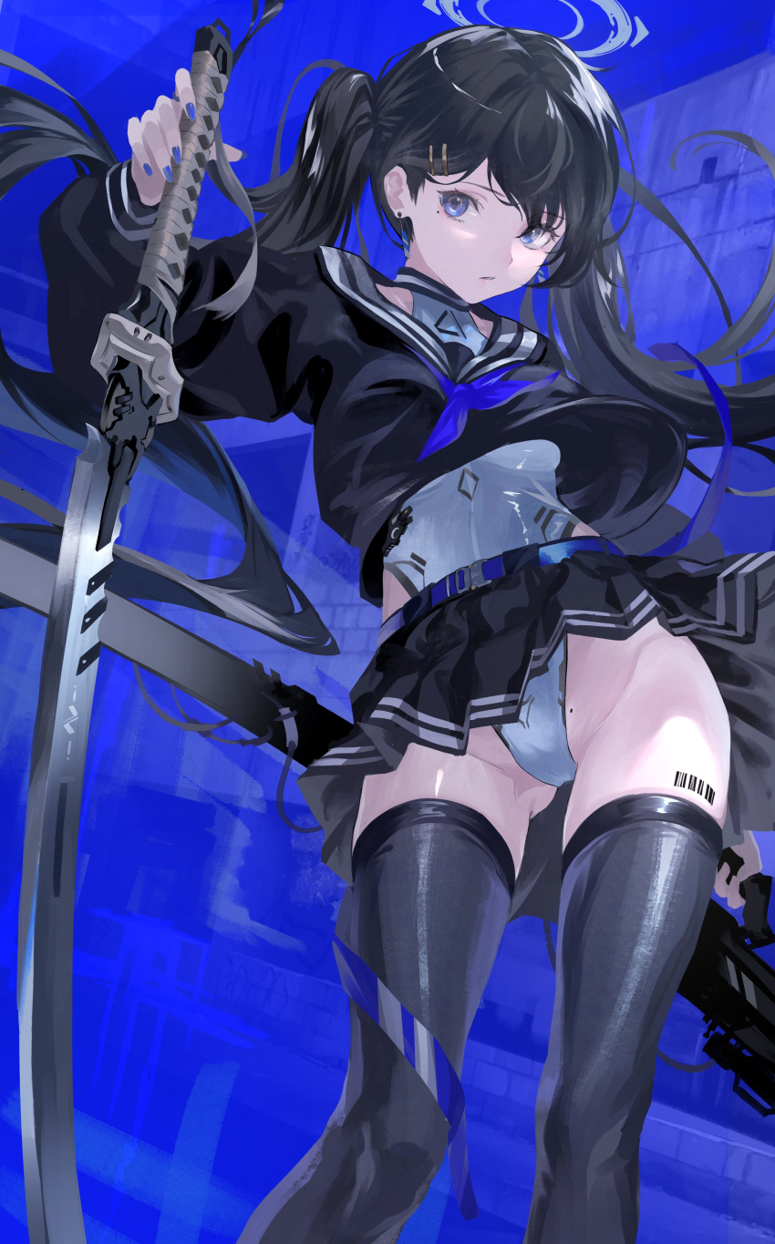 1girl absurdres asagon007 ass_visible_through_thighs barcode barcode_tattoo black_hair black_legwear blue_eyes from_below hair_ornament hairclip highres leotard leotard_under_clothes original pleated_skirt school_uniform skirt solo standing sword tattoo thigh-highs twintails upskirt weapon