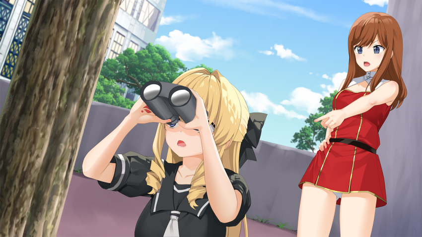 2girls bangs binoculars black_sailor_collar black_serafuku blonde_hair blue_eyes bow breasts brown_hair commentary_request day delores_(mvv) dress hair_bow hair_intakes half_updo highres long_hair medium_breasts multiple_girls mvv original outdoors panties pantyshot red_dress sailor_collar school_uniform serafuku standing tattoo tree underwear