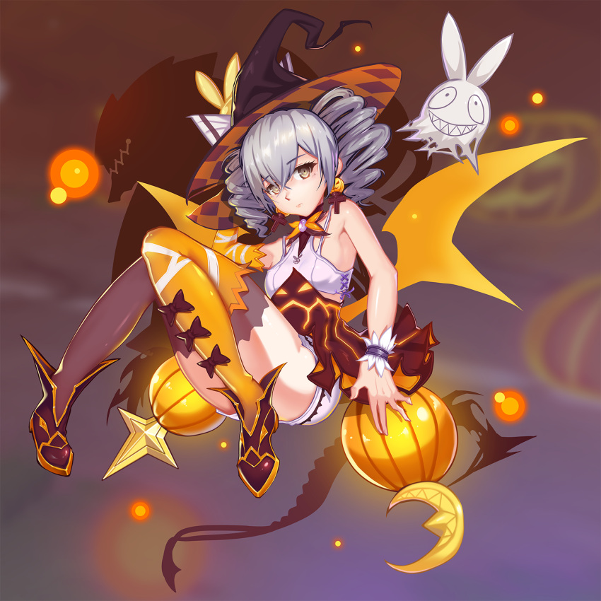 1girl asymmetrical_legwear bangs bare_shoulders bronya_zaychik bronya_zaychik_(snowy_sniper) brown_legwear choudan closed_mouth drill_hair earrings elbow_gloves ghost gloves grey_eyes grey_hair hair_between_eyes halloween halloween_costume hat highres homu_(honkai_impact) honkai_(series) honkai_impact_3rd jewelry looking_at_viewer mismatched_legwear orange_gloves orange_legwear project_bunny single_elbow_glove solo twin_drills witch witch_hat