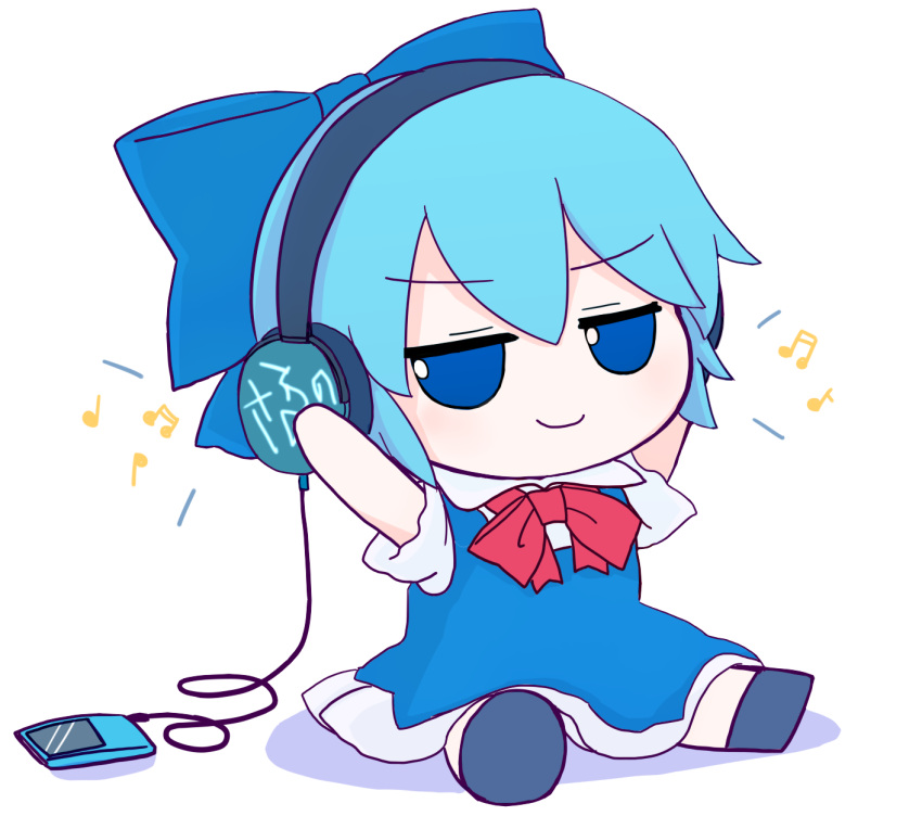 1girl blue_bow blue_dress blue_eyes blue_hair bow cirno collared_shirt digital_media_player dress fumo_(doll) hands_on_headphones headphones highres ipod listening_to_music long_dress neck_ribbon pinafore_dress puffy_short_sleeves puffy_sleeves red_neckwear rei_(tonbo0430) ribbon shirt short_hair short_sleeves simple_background smug solo touhou white_background white_shirt