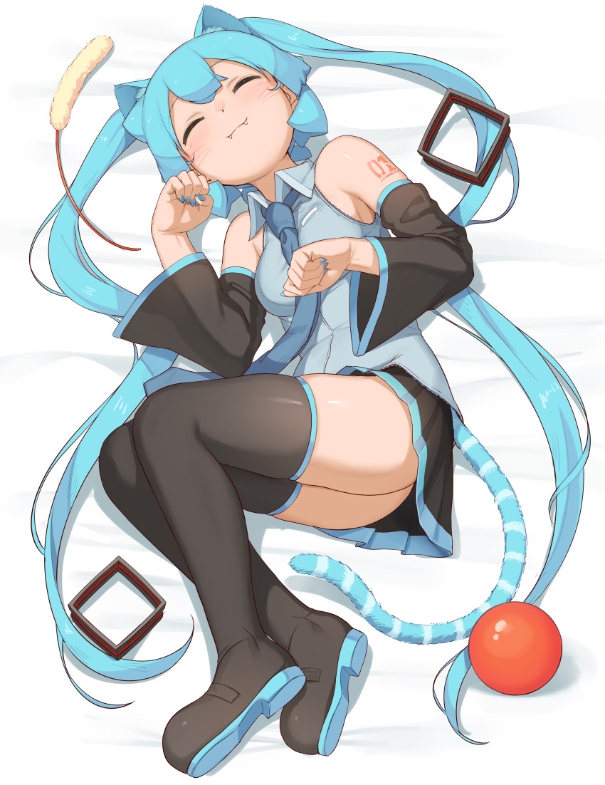 1girl abmayo absurdres aqua_hair bangs bare_shoulders closed_eyes closed_mouth commentary_request detached_sleeves hair_ornament hatsune_miku highres long_hair lying necktie on_back paw_pose skirt smile solo thigh-highs twintails very_long_hair vocaloid