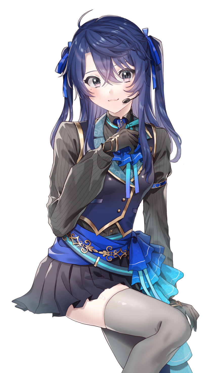 1girl :3 absurdres ahoge ascot bangs belt black_gloves black_shirt black_skirt blue_belt blue_hair blue_neckwear blue_ribbon blue_sash blue_vest blush braid closed_mouth french_braid genderswap genderswap_(mtf) gloves grey_legwear hair_between_eyes hair_ribbon harusaki_air headset highres long_hair long_sleeves looking_at_viewer loose_belt loveodoro miniskirt mole mole_under_eye nijisanji open_mouth parted_bangs pleated_skirt ribbed_shirt ribbon sash shirt simple_background skirt smile solo thigh-highs two_side_up vest virtual_youtuber white_background zettai_ryouiki