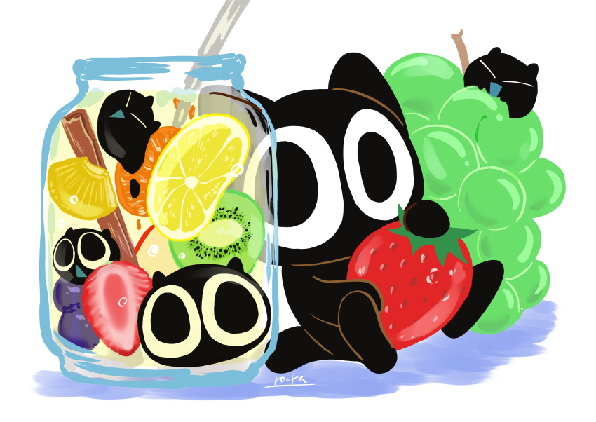 1boy black_cat bubble cat food fruit grapes highres jar kiwi_slice lemon lemon_slice luoxiaohei no_humans orange_(fruit) orange_slice pineapple_slice rocka shadow signature solo strawberry strawberry_slice the_legend_of_luo_xiaohei