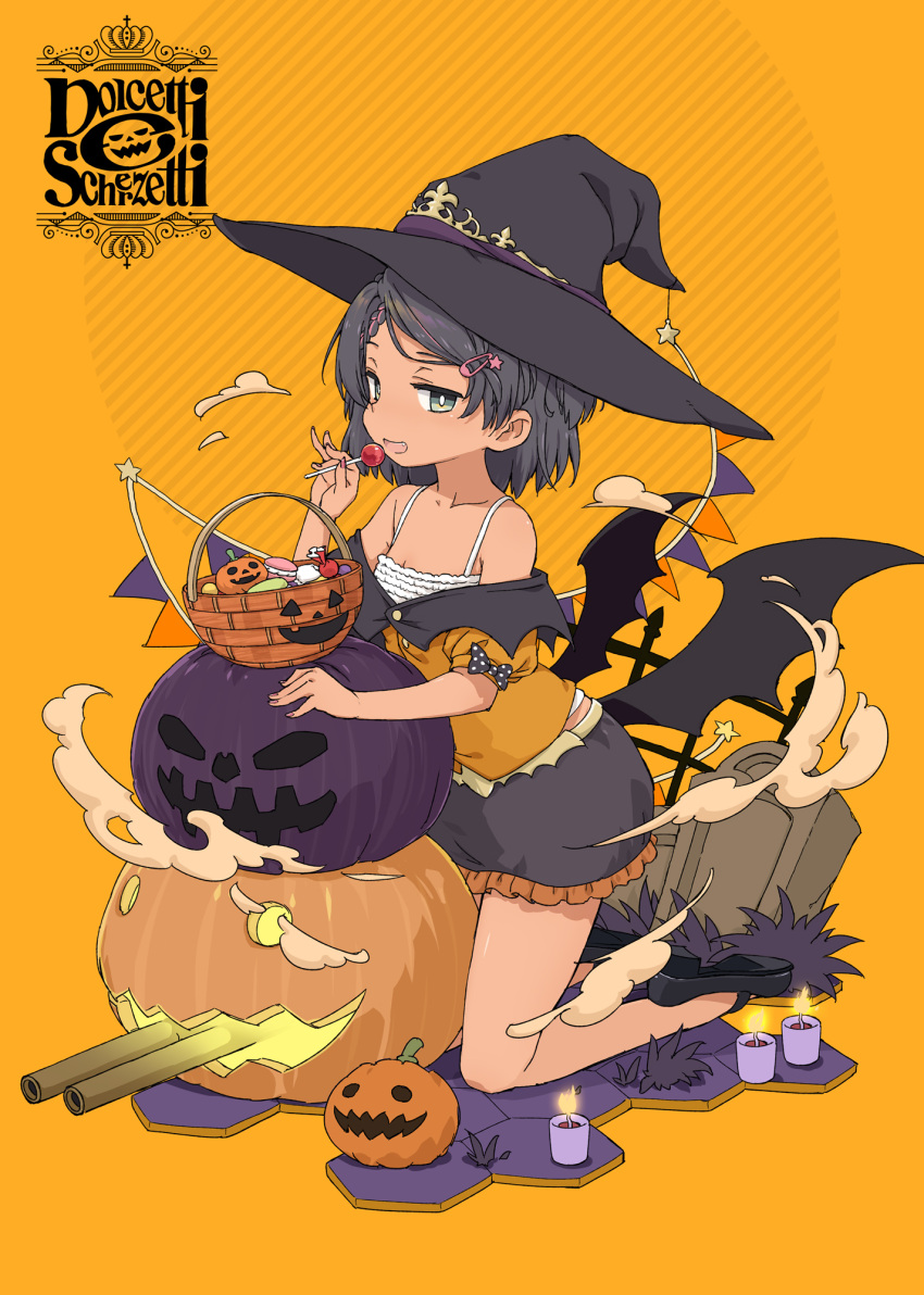 1girl aka_ringo basket bat_wings black_footwear black_hair black_headwear black_skirt candle candy collarbone fang food full_body green_eyes halloween halloween_costume hat highres holding holding_candy holding_food jack-o'-lantern kantai_collection mary_janes open_mouth orange_background scirocco_(kancolle) shoes short_hair skirt smile solo tombstone turret wings witch_hat