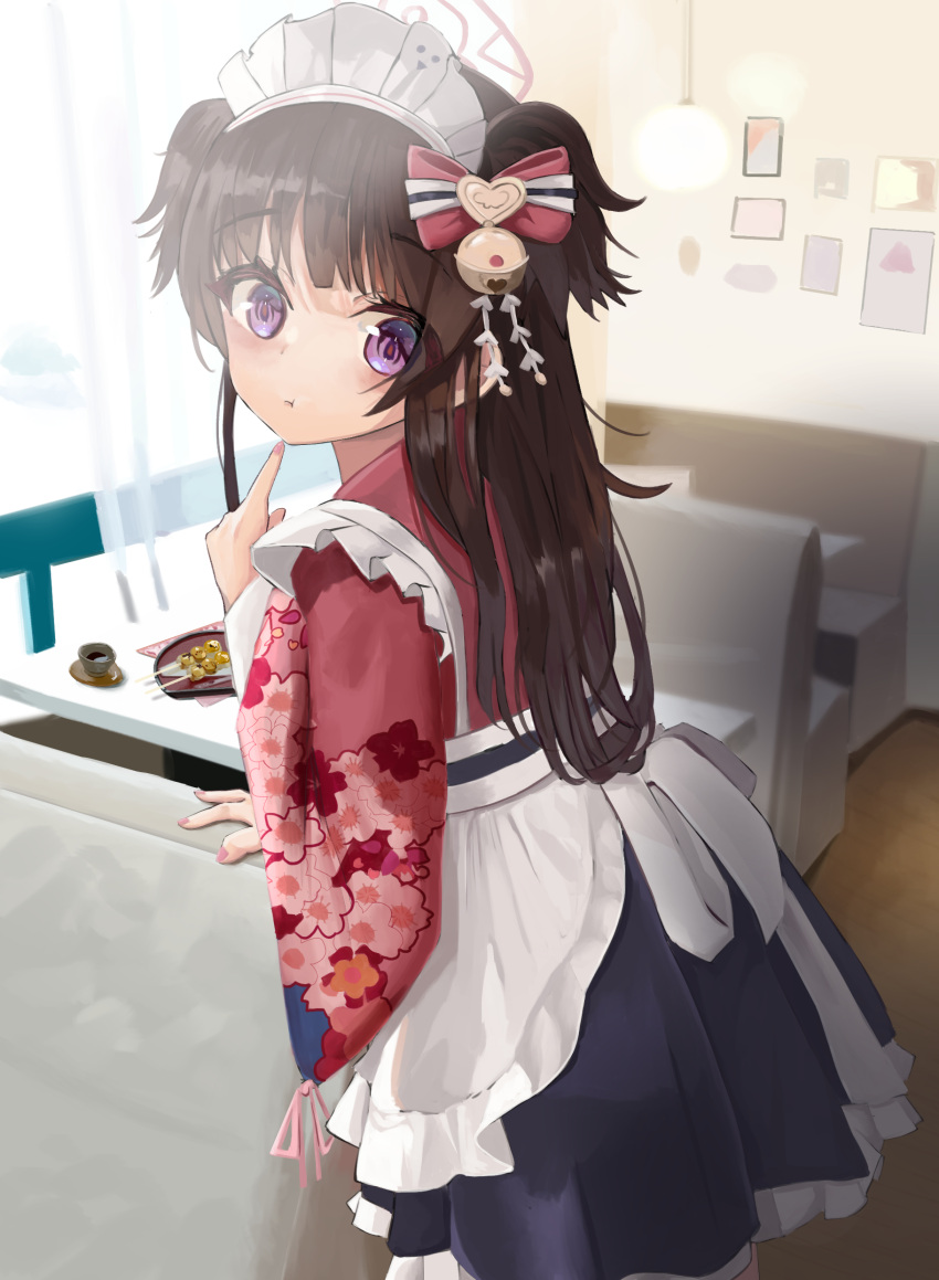 1girl absurdres black_hair blue_archive chair commentary_request dango food hair_ornament hair_ribbon halo highres long_hair looking_at_viewer looking_back nina_(pixiv31869672) plate pointing pointing_at_self ribbon shizuko_(blue_archive) solo table violet_eyes wa_maid wagashi