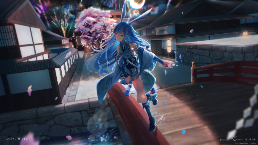 1girl absurdres alternate_color alternate_eye_color alternate_hair_color animal_ears architecture bangs bare_shoulders blue_eyes blue_footwear blue_hair blurry blurry_background blurry_foreground boots bridge cherry_blossoms closed_mouth east_asian_architecture emio fox_ears full_body hair_between_eyes highres honkai_(series) honkai_impact_3rd japanese_clothes knee_boots long_hair looking_at_viewer miko night night_sky outdoors petals sky solo standing standing_on_one_leg tree yae_sakura yae_sakura_(gyakushinn_miko)