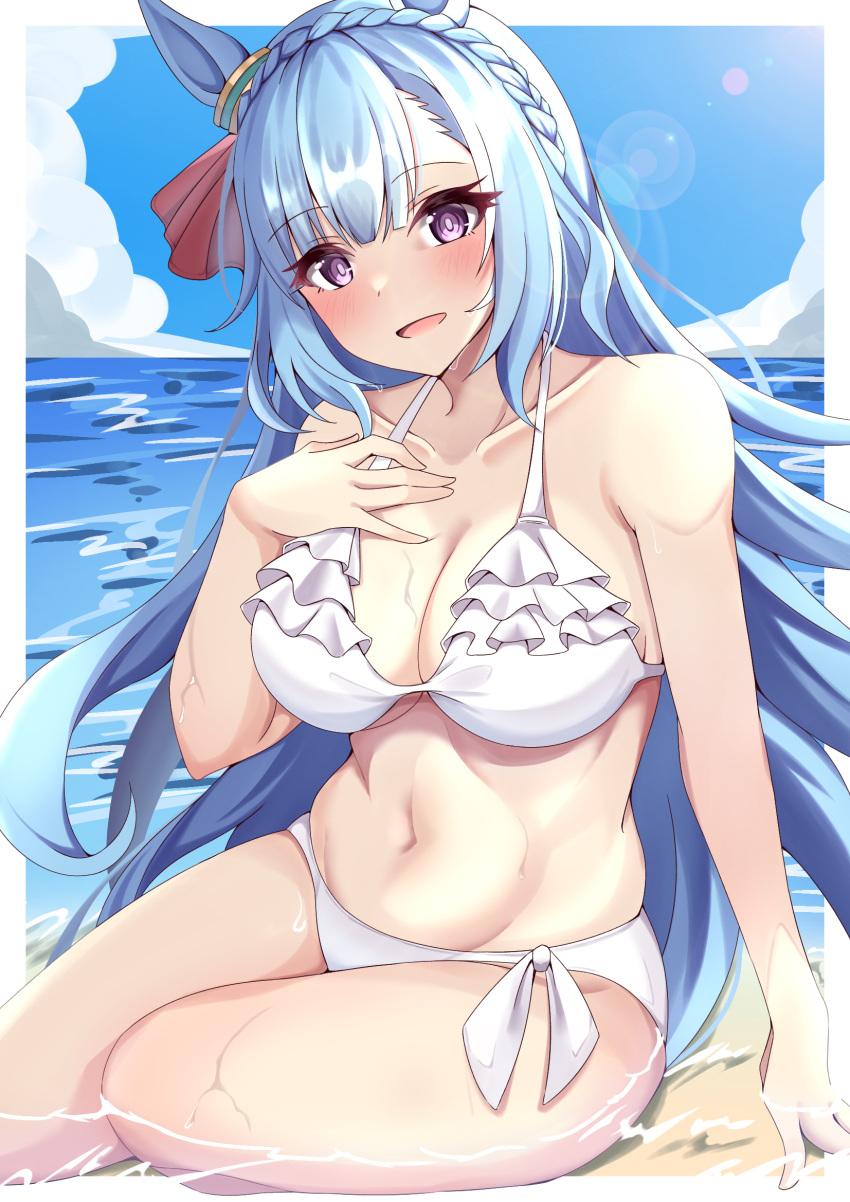 1girl bangs bikini blue_hair blue_sky braid breasts clouds collarbone commentary_request day ear_ribbon eyebrows_visible_through_hair frilled_bikini frills highres horse_girl long_hair looking_at_viewer medium_breasts mejiro_ardan_(umamusume) nanao_(naoekaki25) navel ocean open_mouth outdoors parted_bangs partially_submerged red_ribbon ribbon sitting sky smile solo stomach swimsuit umamusume violet_eyes water wet white_bikini