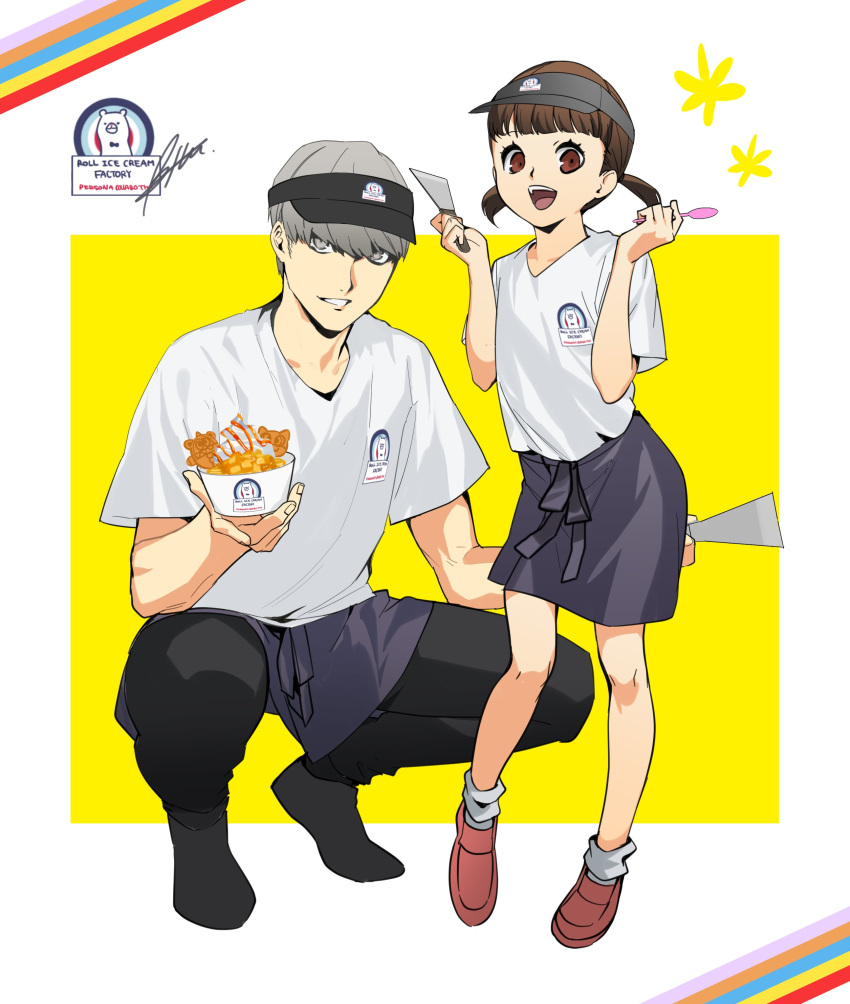 1boy 1girl absurdres alternate_costume apron bangs black_headwear black_pants brown_eyes brown_hair btmr_game doujima_nanako employee_uniform food grey_eyes grey_hair hat highres holding holding_food holding_spoon looking_at_viewer low_twintails narukami_yuu open_mouth pants persona persona_4 purple_apron shirt short_sleeves short_twintails signature simple_background socks spoon squatting standing twintails uniform visor_cap waist_apron white_legwear white_shirt