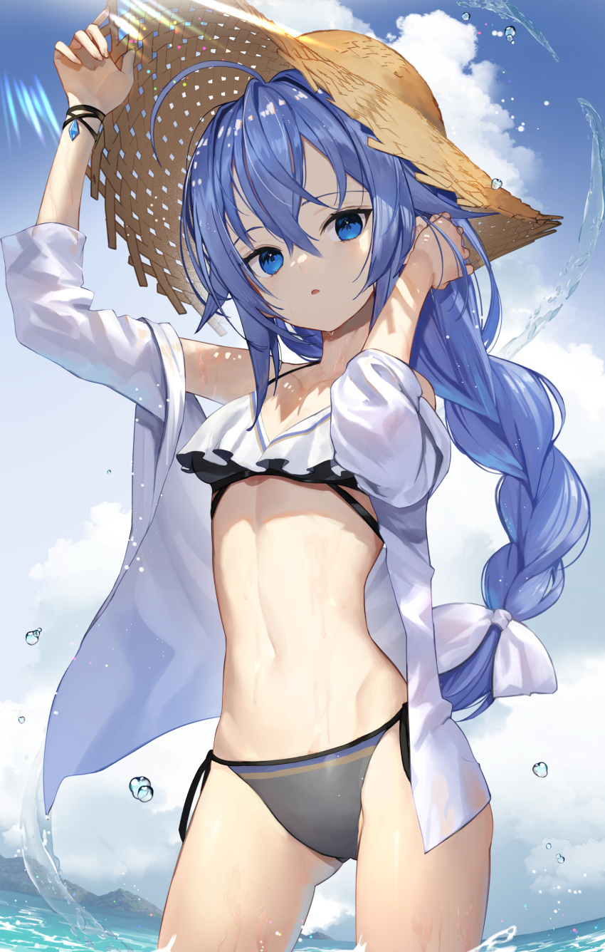 1girl absurdres ahoge arm_up bangs bikini black_bikini blue_eyes blue_hair blue_nails blue_sky braid breasts brown_headwear clouds cloudy_sky commentary_request cowboy_shot day frilled_bikini frills hair_between_eyes hand_in_hair hand_on_headwear hand_up hat highres long_hair long_sleeves looking_at_viewer mushoku_tensei nail_polish navel ocean off_shoulder open_clothes open_shirt outdoors parted_lips roxy_migurdia shirt side-tie_bikini sky small_breasts solo standing stomach straw_hat sukocchi sun_hat swimsuit very_long_hair wading water wet white_shirt