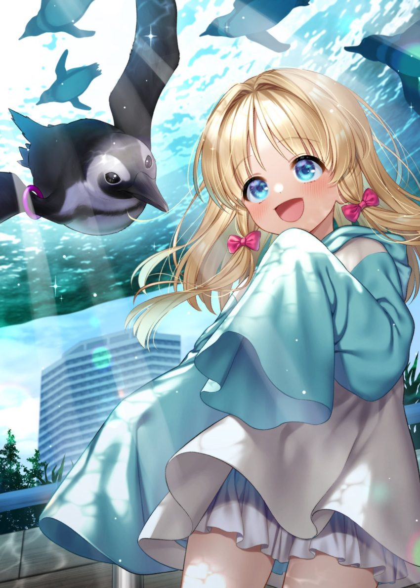 1girl :d alternate_costume bangs bird blonde_hair blue_eyes blue_hoodie blush bow building claws commentary_request eyebrows_visible_through_hair flippers hair_bow happy highres hood hoodie lens_flare light_rays long_sleeves medium_hair moriya_suwako nora_wanko open_mouth penguin pink_bow railing sleeves_past_wrists smile solo sparkle standing sunbeam sunlight thighs tongue touhou water
