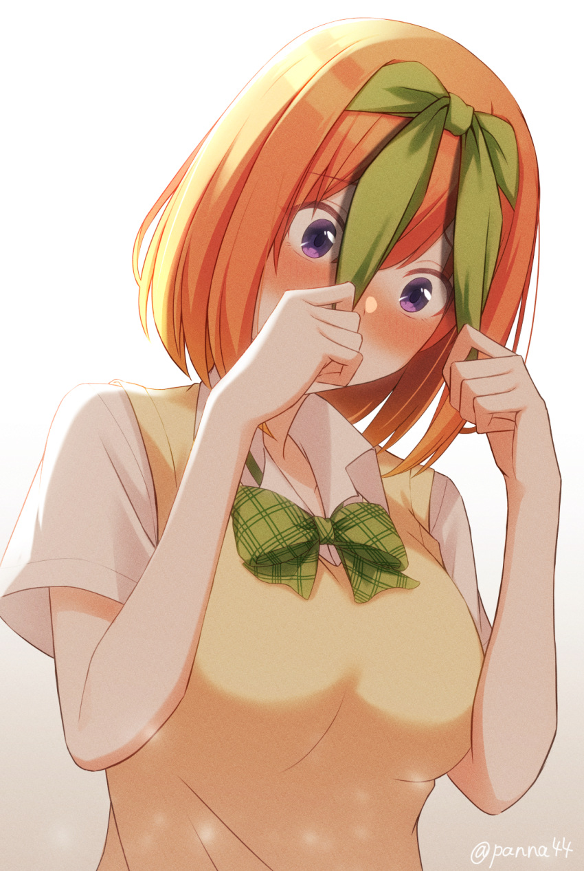 1girl arms_up bangs blush bow bowtie breasts clothes_pull collared_shirt commentary eyebrows_visible_through_hair go-toubun_no_hanayome green_bow green_ribbon hair_between_eyes hair_ribbon highres large_breasts looking_down medium_hair nakano_yotsuba nose_blush orange_hair panna444 ribbon shirt short_sleeves simple_background solo sweater twitter_username uniform upper_body violet_eyes white_background white_shirt yellow_sweater