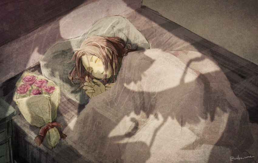 1boy 1girl bed_sheet bouquet cat_tail closed_eyes flower highres indoors luoxiaobai luoxiaohei lying noko_ume parted_lips pillow pink_hair purple_flower shadow short_hair sleeping tail the_legend_of_luo_xiaohei twitter_username valentine wings