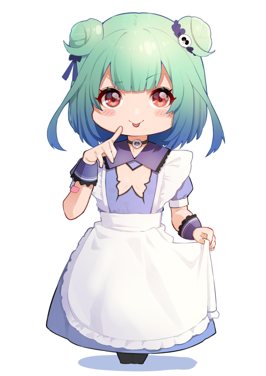 1girl :p alternate_costume apron apron_hold black_choker black_legwear blue_hair blush blush_stickers choker cleavage_cutout clothing_cutout double_bun dress enmaided finger_to_mouth flat_chest full_body gradient_hair green_hair hair_ornament hand_up highres hololive index_finger_raised long_dress looking_at_viewer maid maid_apron medium_hair mikan_(chipstar182) multicolored_hair pantyhose puffy_short_sleeves puffy_sleeves red_eyes short_sleeves simple_background skull_hair_ornament smile smug solo standing tongue tongue_out uruha_rushia white_apron white_background wristband
