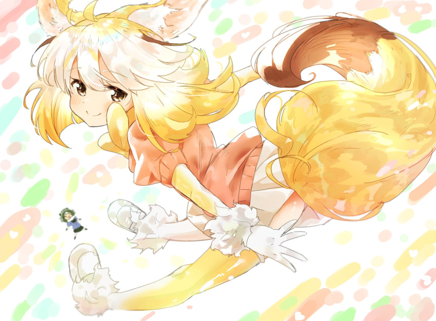 2girls animal_ears blonde_hair blush bow bowtie brown_eyes commentary_request common_raccoon_(kemono_friends) elbow_gloves eyebrows_visible_through_hair fennec_(kemono_friends) fox_ears fox_girl fox_tail fur_trim gloves hakoneko_(marisa19899200) highres kemono_friends loafers looking_at_viewer multiple_girls pink_sweater puffy_short_sleeves puffy_sleeves shoes short_hair short_sleeves sweater tail thigh-highs white_footwear white_fur yellow_gloves yellow_legwear yellow_neckwear zettai_ryouiki