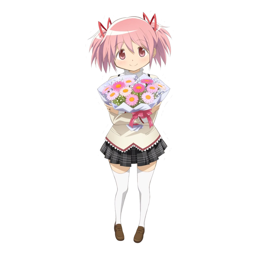 1girl bangs beige_blouse black_skirt blouse bouquet brown_footwear closed_mouth commentary dot_nose eyebrows_visible_through_hair eyes_visible_through_hair flower full_body hair_between_eyes hair_ribbon happy high_collar highres holding holding_bouquet jewelry kaname_madoka legs_apart light_blush loafers looking_at_viewer mahou_shoujo_madoka_magica mitakihara_school_uniform official_art pink_eyes pink_flower pink_hair pink_ribbon plaid plaid_skirt pleated_skirt red_ribbon ribbon ring school_uniform shiny shiny_hair shoes simple_background skirt smile solo symbol-only_commentary taniguchi_jun'ichirou tareme thigh-highs twintails white_background white_flower white_legwear zettai_ryouiki