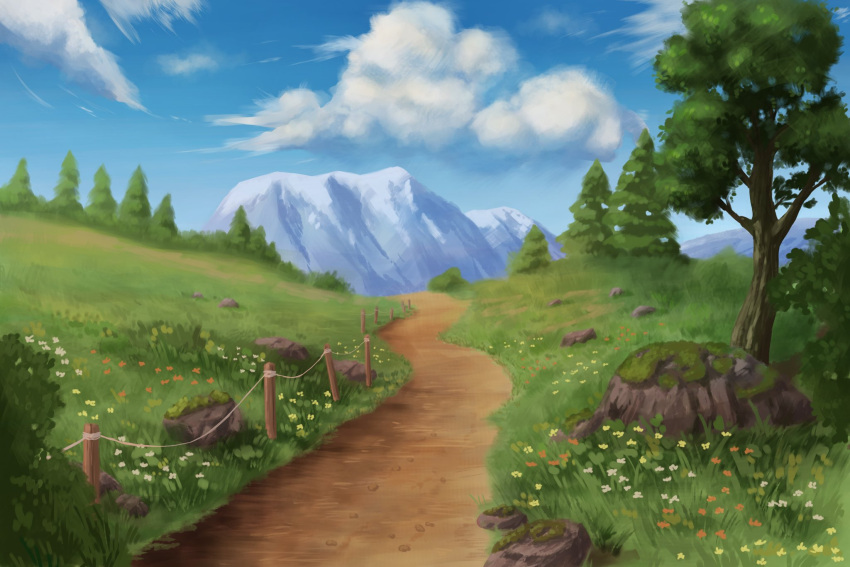 boulder branch clouds commentary_request fence flower forest grass highres leaf lenasy meadow moss mountain nature no_humans original path rock scenery sky tree