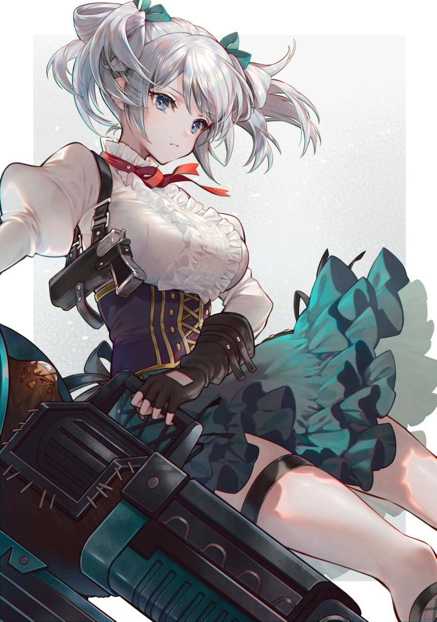 1girl absurdres bangs black_gloves blue_eyes border breasts center_frills ciel_alencon closed_mouth corset elbow_gloves eyebrows_visible_through_hair feet_out_of_frame fingerless_gloves frilled_shirt frilled_skirt frills gloves god_eater god_eater_2:_rage_burst green_ribbon green_skirt grey_background gun hair_ribbon handgun highres holding holding_weapon huge_weapon juliet_sleeves large_breasts long_sleeves looking_down neck_ribbon outside_border pistol puffy_sleeves red_neckwear red_ribbon ribbon shirt short_hair short_twintails simple_background skirt solo tarutaru_yamaoka thigh_strap twintails weapon white_border