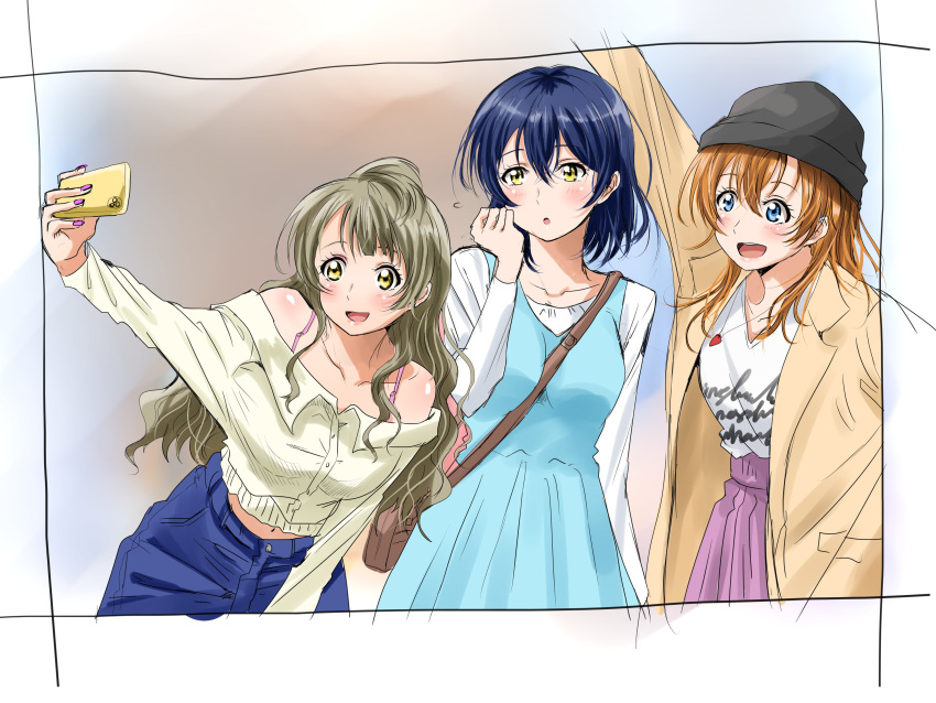 3girls absurdres bag bare_shoulders beanie between_breasts black_headwear blue_dress blue_eyes blue_pants breasts closed_mouth commentary_request cowboy_shot dark_blue_hair dress hand_up hat highres jacket jewelry kousaka_honoka light_brown_hair long_hair long_sleeves love_live! love_live!_school_idol_project medium_breasts medium_hair midriff_peek minami_kotori multiple_girls navel necklace off-shoulder_shirt off_shoulder older open_clothes open_jacket open_mouth orange_hair pants pink_skirt selfie shirt shogo_(4274732) short_hair skirt smile sonoda_umi strap_between_breasts translation_request wavy_hair white_shirt wide_sleeves yellow_eyes