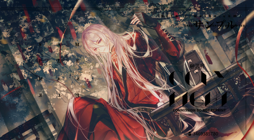 1boy arm_up blue_eyes chinese_clothes dress for_all_time grey_hair hair_between_eyes hanfu highres indoors light_smile long_hair looking_at_viewer male_focus red_dress sinko123 sitting solo white_hair yexuan