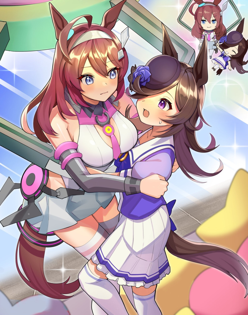 2girls ahoge animal_ears blue_eyes breasts brown_hair commentary_request hair_over_one_eye highres horse_ears horse_girl horse_tail katwo long_hair looking_at_another medium_breasts mihono_bourbon_(umamusume) multiple_girls necktie open_mouth pink_neckwear rice_shower_(umamusume) school_uniform skirt tail thigh-highs tilted_headwear tracen_school_uniform umamusume violet_eyes white_legwear white_skirt zettai_ryouiki