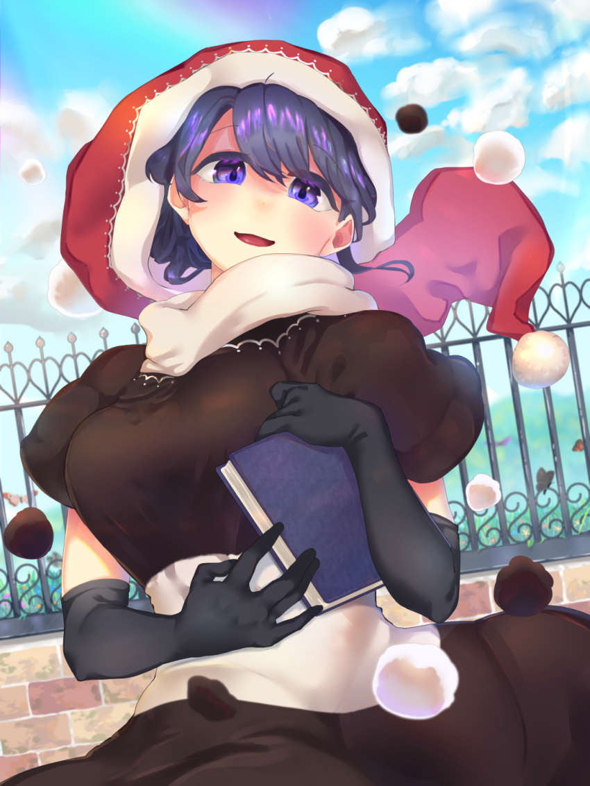 1girl bangs black_dress black_gloves black_sleeves blue_sky breasts clouds cloudy_sky doremy_sweet dress eyebrows_visible_through_hair fence gloves hair_between_eyes hat highres lake looking_at_viewer medium_breasts open_mouth pom_pom_(clothes) purple_hair red_headwear short_hair short_sleeves sky smile solo touhou tree violet_eyes wankosoba water white_dress