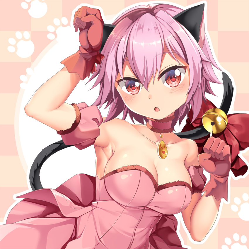 1girl animal_ears bell bow breasts cat_ears cat_tail choker cosplay detached_sleeves dress gloves highres kantai_collection medium_breasts mew_ichigo mew_ichigo_(cosplay) pink_choker pink_dress pink_hair puffy_detached_sleeves puffy_sleeves red_eyes red_gloves short_hair solo strapless strapless_dress tail tail_bell tail_bow tail_ornament tama_(kancolle) tokyo_mew_mew upper_body yasume_yukito