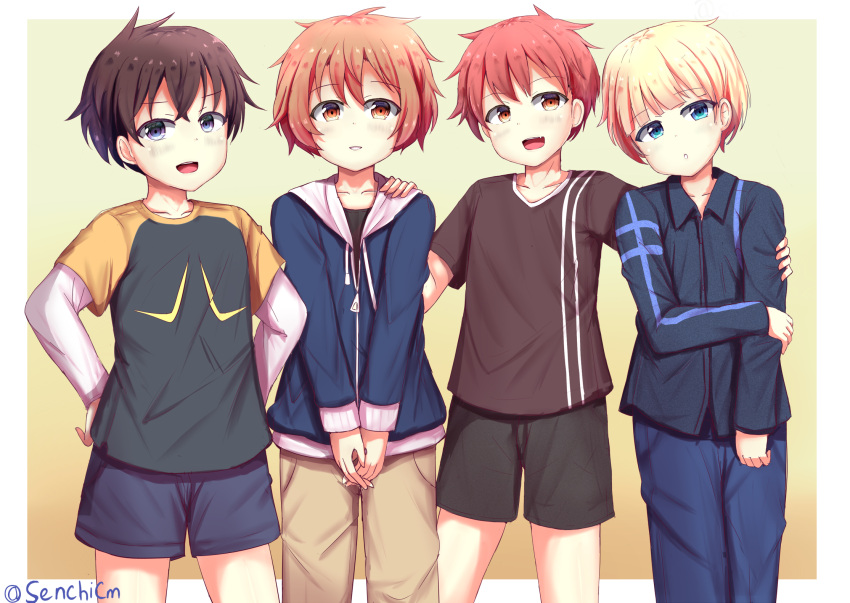 4boys black_pants black_shirt blonde_hair blue_eyes blue_hoodie blue_jacket blue_pants brown_eyes brown_hair brown_pants brown_shirt commentary_request eyebrows_visible_through_hair highres hood hoodie jacket long_sleeves male_focus multiple_boys open_mouth orange_hair original pants redhead senchimee shirt shirt_under_shirt short_hair smile t-shirt twitter_username violet_eyes