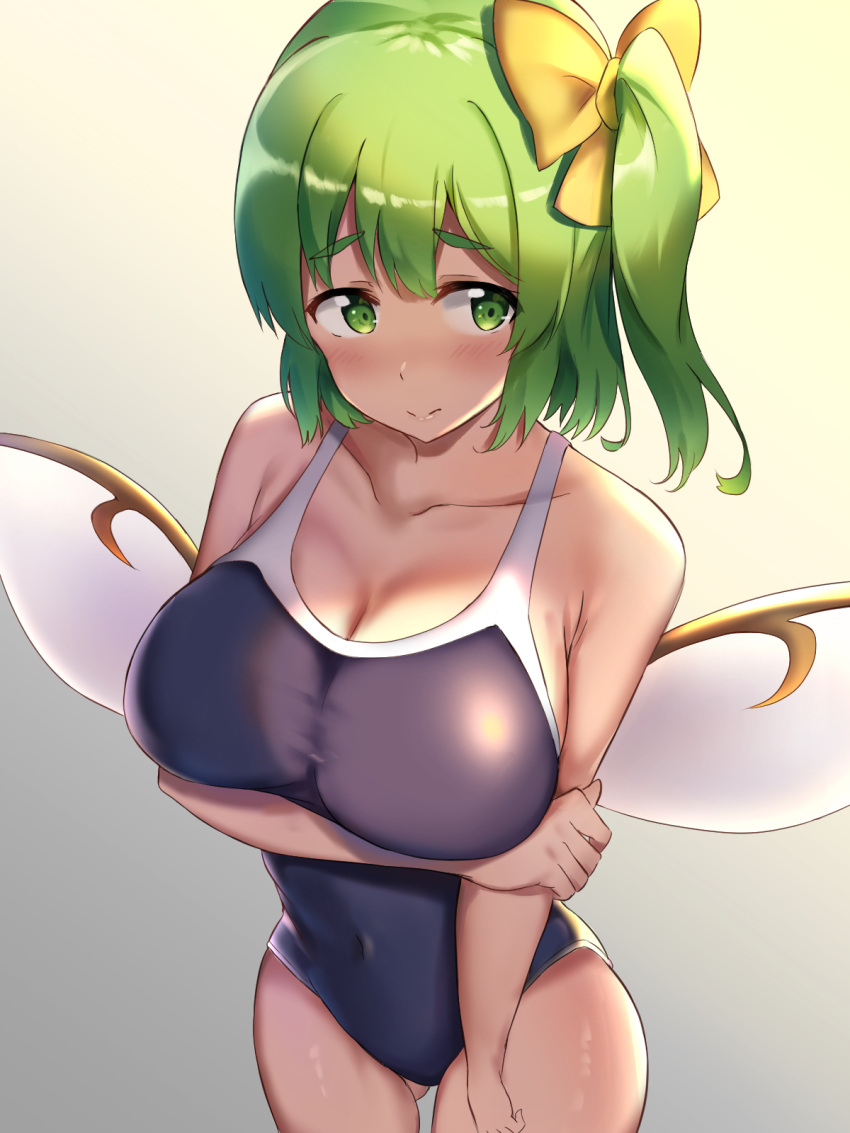 1girl blush bow breasts closed_mouth collarbone covered_navel daiyousei fairy_wings gradient gradient_background green_hair grey_background hair_bow highres large_breasts nagomian one-piece_swimsuit short_hair side_ponytail solo swimsuit touhou wings yellow_bow
