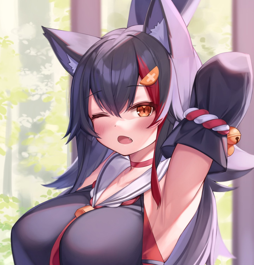1girl animal_ear_fluff animal_ears arm_behind_head armpits arms_up bangs between_breasts black_hair blush breasts commentary_request crop_top deaver fang hair_ornament highres hololive large_breasts long_hair looking_at_viewer multicolored_hair necktie necktie_between_breasts one_eye_closed ookami_mio red_eyes redhead sailor_collar short_necktie solo streaked_hair upper_body virtual_youtuber wolf_ears wolf_girl