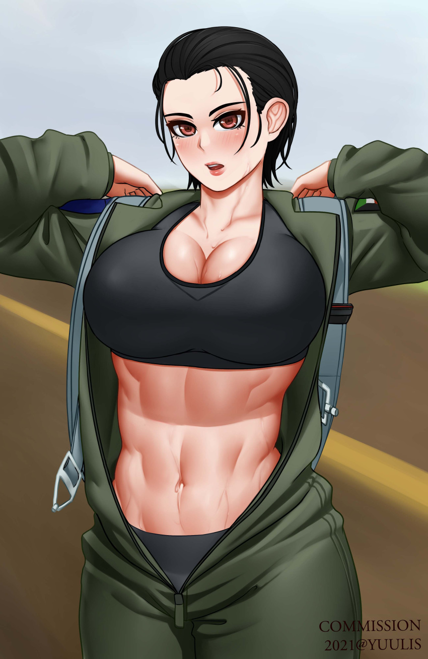 1girl abs absurdres artist_name black_hair black_sports_bra breasts brown_eyes commission dated desert hair_slicked_back highres jumpsuit kuwaiti_flag large_breasts military muscular muscular_female navel open_clothes open_fly open_mouth open_shirt original short_hair simple_background sports_bra sweat yuulis27