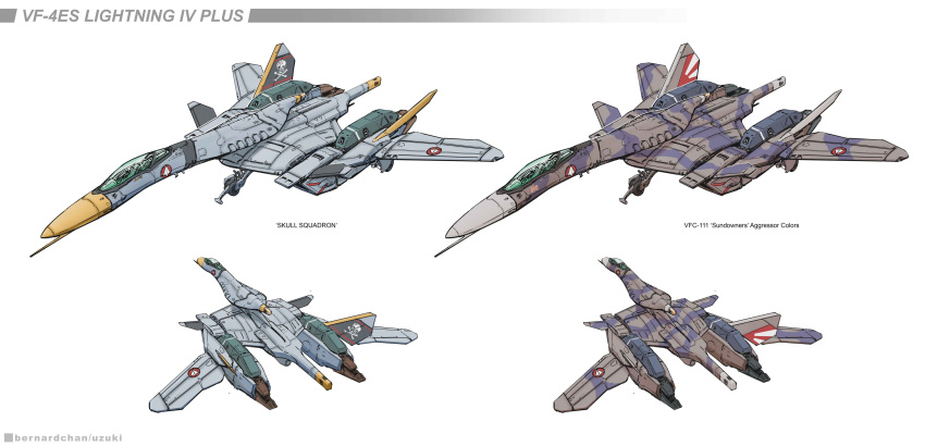 absurdres camouflage canards commentary comparison english_commentary hatch highres jolly_roger landing_gear macross macross_flashback_2012 mecha missile_pod original redesign roundel science_fiction signature u.n._spacy uzuki variable_fighter vf-4 web_address