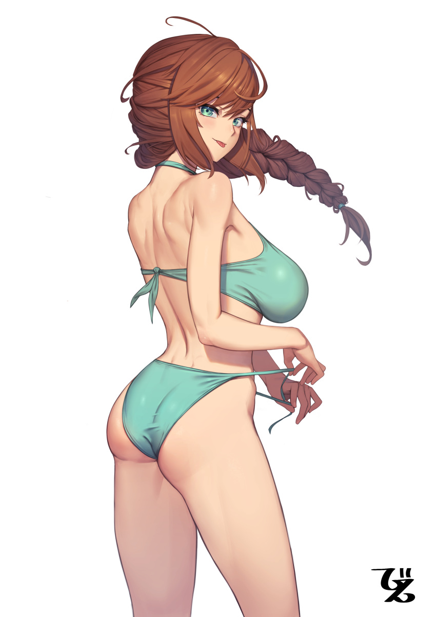 1girl :q absurdres artist_name ass back bangs bare_arms bare_shoulders beeeeen benevolent_leanne bikini braid braided_ponytail breasts brown_hair closed_mouth commentary_request commission cowboy_shot floating_hair from_behind green_bikini green_eyes hair_between_eyes halter_top halterneck highres large_breasts last_origin long_hair looking_at_viewer looking_back pixiv_request shoulder_blades signature simple_background single_braid smile solo standing string_bikini swimsuit tongue tongue_out untied untied_bikini untying white_background