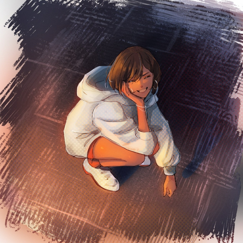 1girl arm_support bracelet brown_hair closed_eyes commentary facing_viewer from_above grin head_rest highres hood hoodie jewelry meiko short_hair shorts smile solo squatting tan tile_floor tiles vocaloid yen-mi