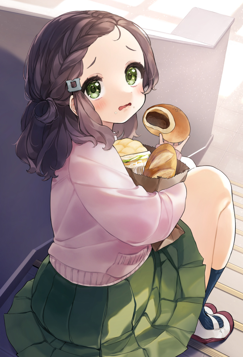 1girl bag baguette black_hair black_legwear braid braided_bangs bread cardigan commentary_request food food_on_face forehead green_eyes green_skirt grocery_bag hair_ornament highres holding holding_food indoors kurihara_sakura looking_at_viewer looking_back object_hug original paper_bag parted_lips pink_cardigan pleated_skirt ribbed_legwear school_uniform shoes shopping_bag sitting sitting_on_stairs skirt socks solo stairs uwabaki wavy_mouth white_footwear