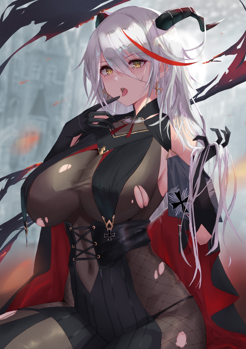1girl absurdly_long_hair absurdres aegir_(azur_lane) azur_lane bangs bare_shoulders black_cape black_gloves blurry blurry_background bodystocking bodysuit breast_curtains breasts cape commentary covered_navel cowboy_shot cross cross_earrings demon_horns earrings elbow_gloves eyebrows_visible_through_hair fishnets gloves hair_between_eyes hair_on_horn hand_up highres holding holding_hair horns iron_cross jewelry large_breasts long_hair looking_at_viewer multicolored_hair open_mouth red_cape redhead satou_aji sidelocks sitting solo streaked_hair swept_bangs taut_clothes tongue tongue_out torn_bodysuit torn_clothes two-tone_cape two-tone_hair very_long_hair white_hair yellow_eyes