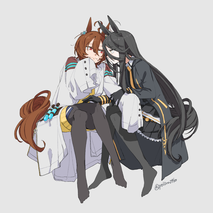 2girls agnes_tachyon_(umamusume) ahoge animal_ears bangs black_gloves black_hair black_jacket black_legwear brown_hair commentary_request crossed_legs earrings frilled_skirt frills gloves grey_background hair_between_eyes highres horse_ears horse_girl horse_tail invisible_chair jacket jewelry labcoat long_hair looking_at_another manhattan_cafe_(umamusume) multiple_girls necktie pleated_skirt short_hair simple_background single_earring sitting skirt sleeves_past_wrists sweater tail test_tube twitter_username umamusume yellow_neckwear yellow_sweater yezi_(yo10ru29ko)