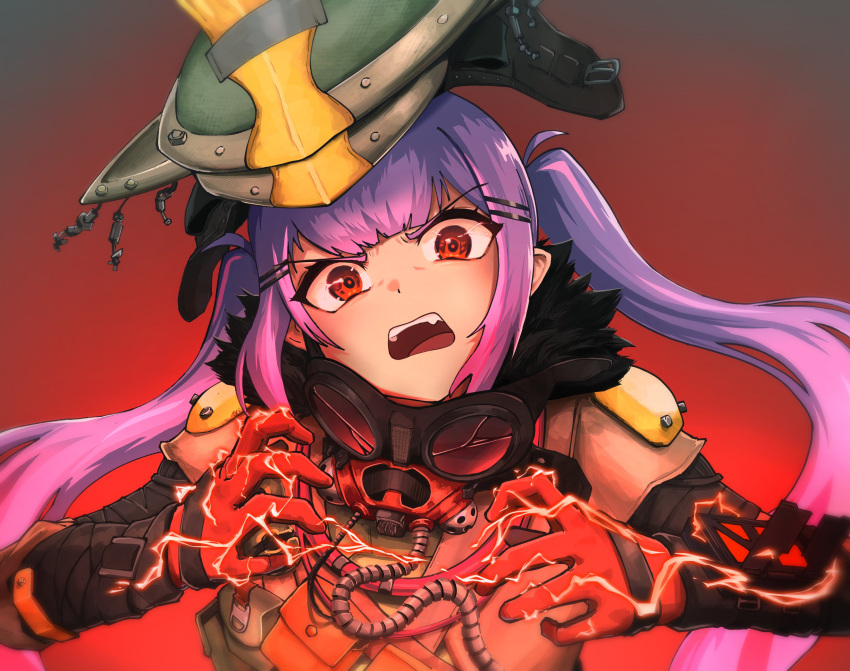 1girl absurdres angry apex_legends bangs bloodhound_(apex_legends) bloodhound_(apex_legends)_(cosplay) brown_jacket cable cosplay electricity floating_hair gloves goggles goggles_around_neck hair_ornament hairclip head_tilt helmet highres hololive jacket looking_at_viewer open_mouth pointy_ears portrait purple_hair radioneet red_eyes red_gloves solo tokoyami_towa twintails v-shaped_eyebrows virtual_youtuber