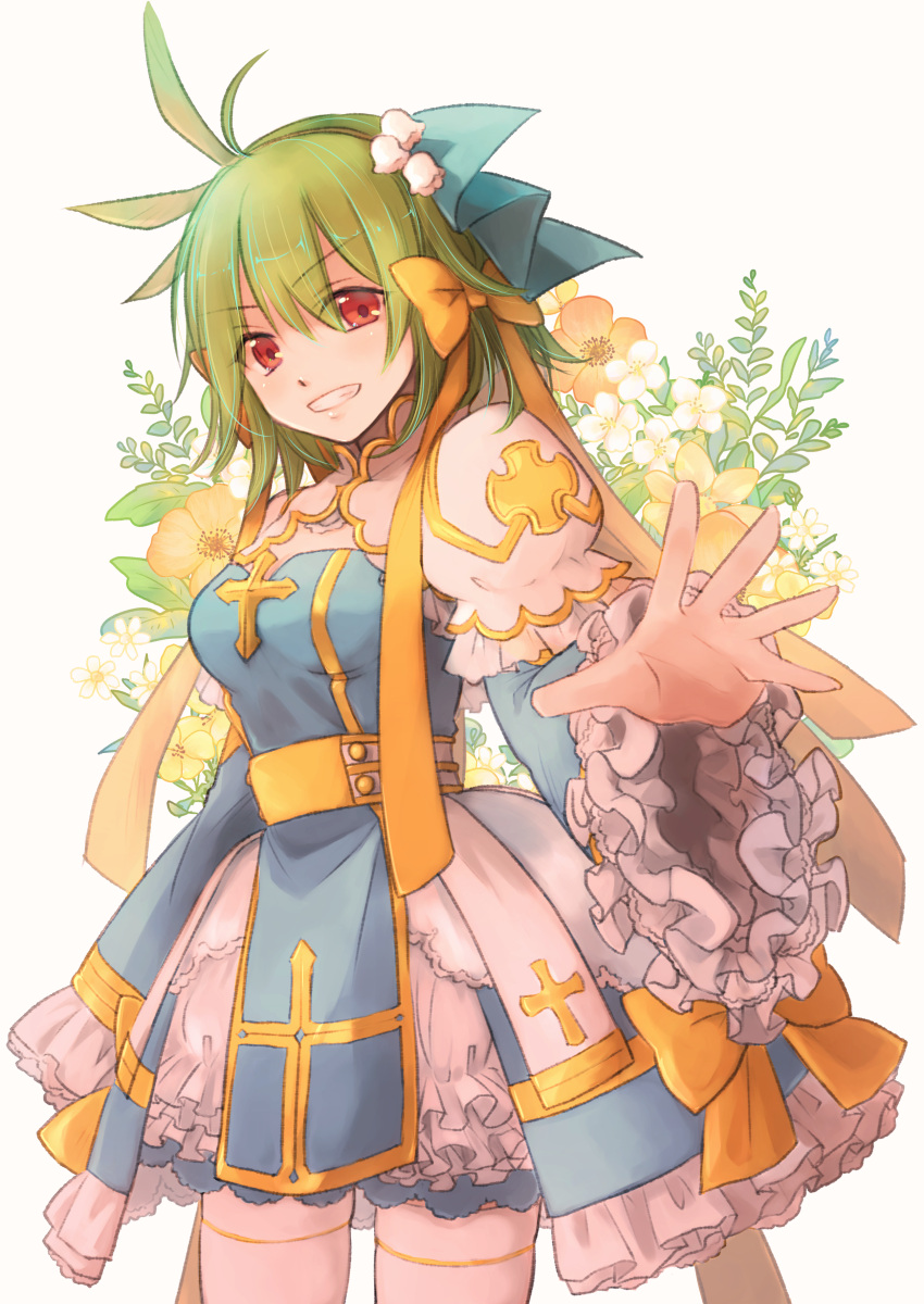 1girl absurdres arch_bishop_(ragnarok_online) bangs blue_dress bow breasts cleavage_cutout clothing_cutout commentary_request cowboy_shot cross dress dress_bow eyebrows_visible_through_hair flower frilled_dress frilled_sleeves frills green_hair grin hair_bow highres juliet_sleeves long_sleeves looking_at_viewer manoji medium_breasts official_alternate_costume orange_flower puffy_sleeves ragnarok_online reaching_out red_eyes sash short_hair simple_background smile solo thigh-highs two-tone_dress white_background white_dress white_flower white_legwear wide_sleeves yellow_bow yellow_flower yellow_sash