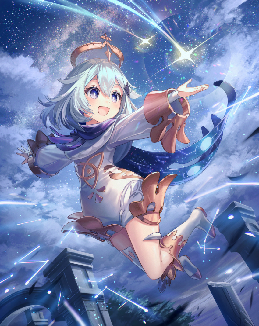 1girl bangs black_scarf blue_eyes commentary_request constellation dress eyebrows_behind_hair floating genshin_impact hair_between_eyes hair_ornament halo highres long_sleeves maica_sunahara open_mouth outdoors paimon_(genshin_impact) scarf short_hair sky smile solo star_(sky) tagme white_dress white_hair
