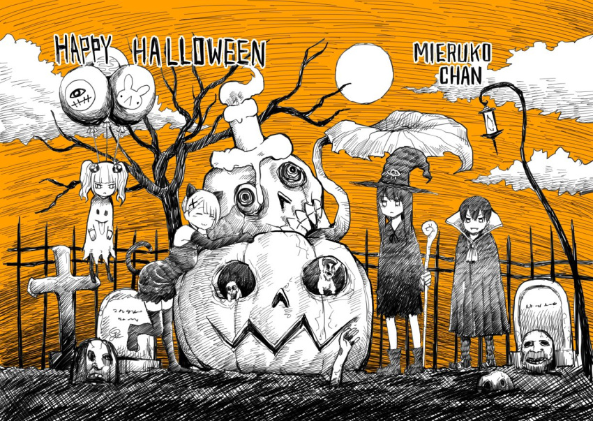 1boy 3girls 6+others animal_ears balloon bare_tree candle cape cat_ears cat_girl cat_tail copyright_name elbow_gloves fence full_moon ghost ghost_costume gloves graveyard greyscale hair_ornament hairclip halloween halloween_costume happy_halloween hat izumi_(toubun_kata) jack-o'-lantern lamppost mieruko-chan monochrome moon multiple_girls multiple_others niguredou_julia official_art orange_sky skull sky spot_color standing tail thigh-highs tombstone tree twintails vampire_costume witch witch_hat yotsuya_kyousuke yotsuya_miko yurikawa_hana