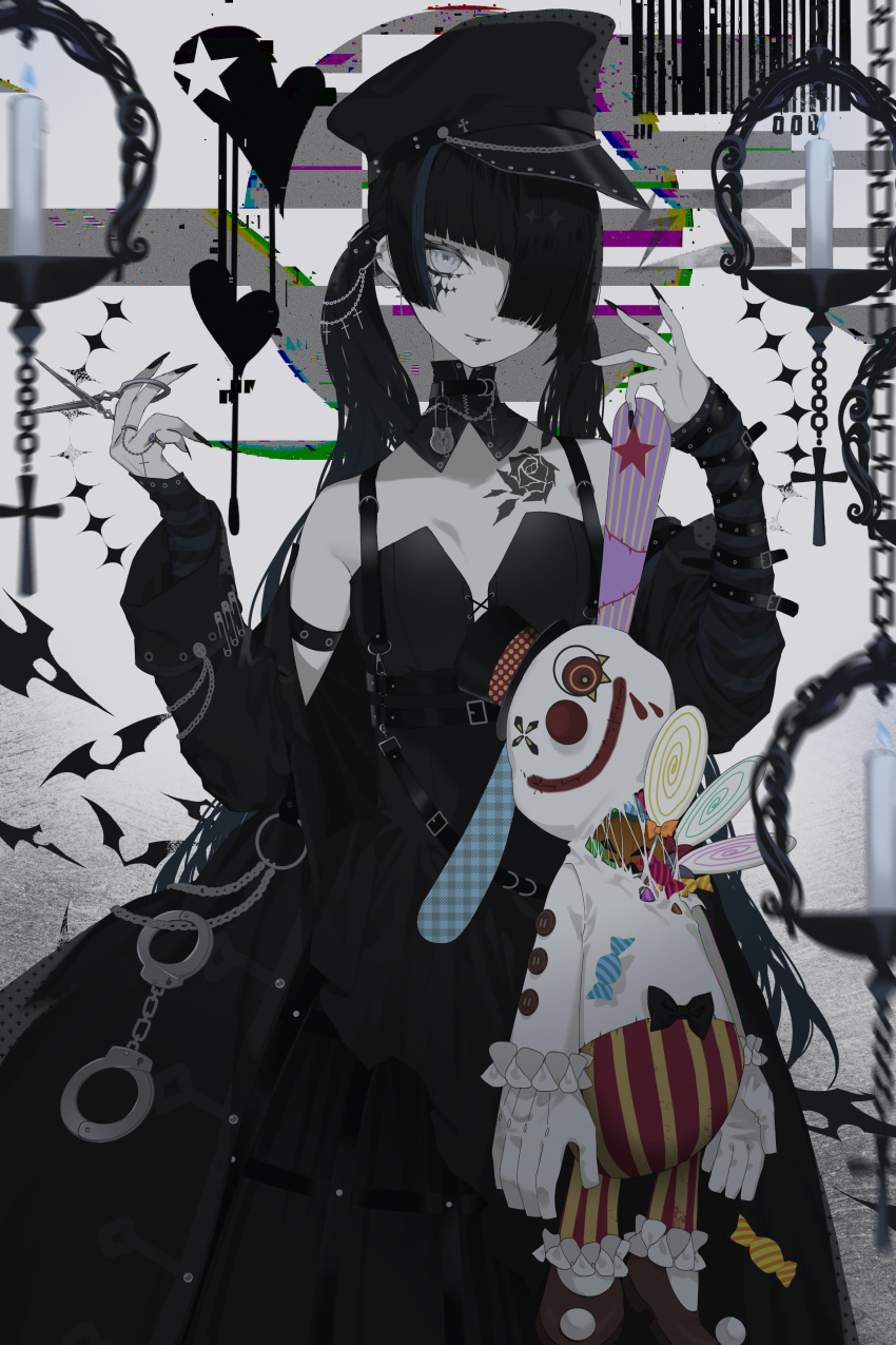 1girl absurdres arm_strap bangs barcode black_dress black_hair black_headwear black_jacket black_nails black_theme blunt_bangs breasts candle cross cuffs dress fingernails flower_tattoo grey_eyes hair_over_one_eye handcuffs hat heart highres holding holding_stuffed_toy jacket kotarou_(kot_mochi) long_hair looking_at_viewer one_eye_covered original peaked_cap sharp_fingernails small_breasts solo star_(symbol) stuffed_animal stuffed_bunny stuffed_toy twintails