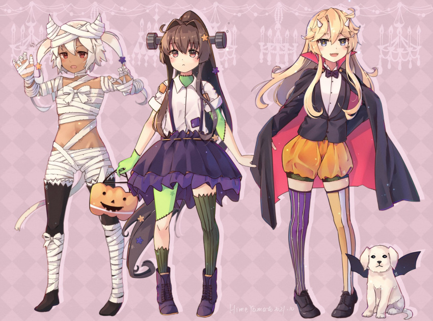 blonde_hair blue_eyes brown_hair dog flower hair_between_eyes hair_flower hair_ornament halloween halloween_costume highres himeyamato iowa_(kancolle) kantai_collection long_hair looking_at_viewer mummy mummy_costume musashi_(kancolle) open_mouth ponytail red_eyes skirt vampire vampire_costume yamato_(kancolle)