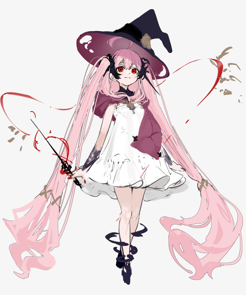 1girl absurdres ahoge bare_legs black_footwear black_headwear black_ribbon dress full_body hair_ornament hair_ribbon hat highres holding holding_wand long_hair looking_at_viewer magic original pink_hair red_eyes red_nails ribbon shio_(oxstl) simple_background solo standing twintails very_long_hair wand white_background white_dress witch witch_hat