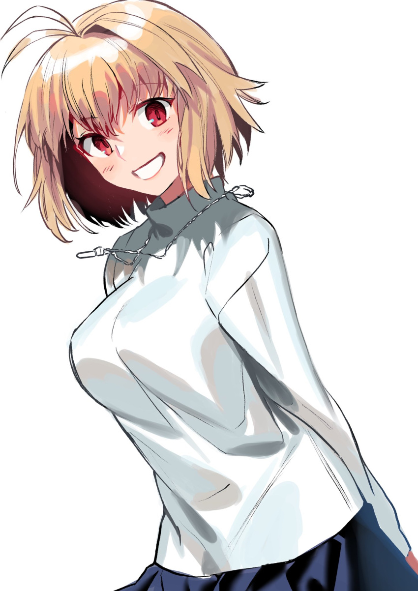 1girl antenna_hair arcueid_brunestud arms_behind_back blonde_hair blue_skirt breasts cowboy_shot hair_intakes highres jewelry large_breasts looking_at_viewer necklace noko_morokoshi red_eyes short_hair skirt smile solo sweater tsukihime turtleneck turtleneck_sweater white_background white_sweater