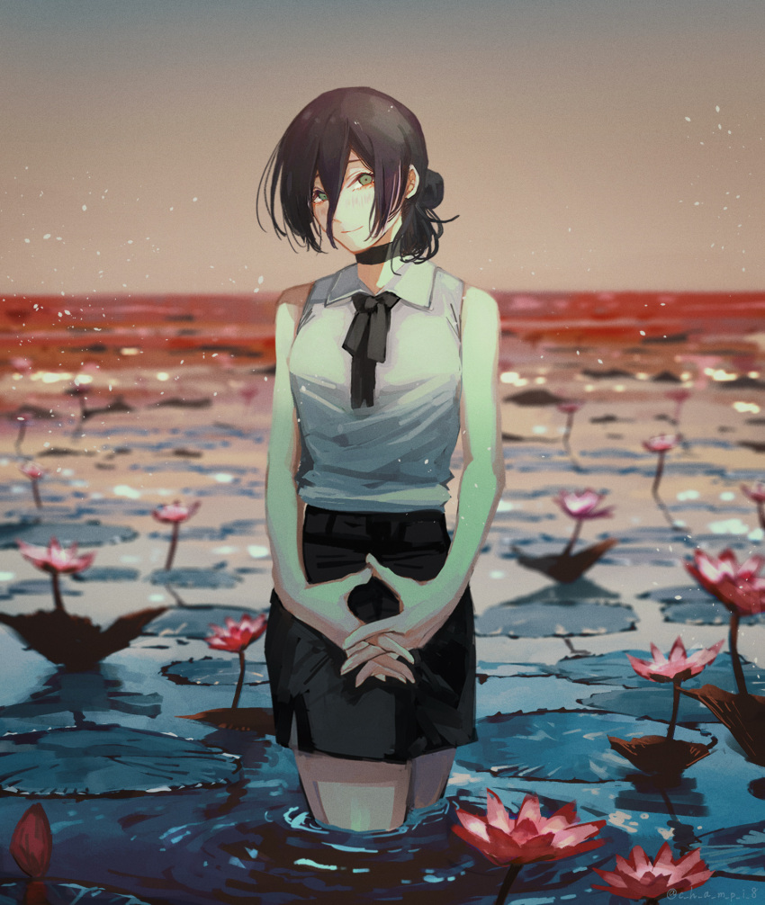 1girl bangs black_choker black_hair black_neckwear black_skirt bow bowtie chainsaw_man champi choker collared_shirt english_commentary flower green_eyes hair_between_eyes hair_bun highres interlocked_fingers lily_pad looking_at_viewer medium_hair own_hands_together red_flower reze_(chainsaw_man) shirt skirt sleeveless sleeveless_shirt smile solo standing wading water white_shirt