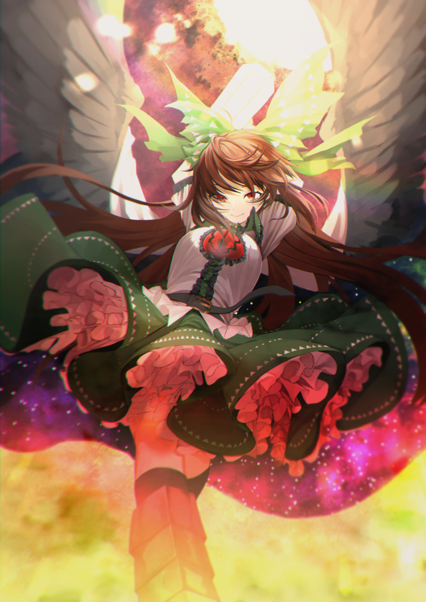 1girl absurdres arms_up bow breasts brown_hair chromatic_aberration commentary_request feathers frills from_below green_bow green_ribbon hair_ribbon highres long_hair looking_at_viewer otoshiro_kosame red_eyes reiuji_utsuho ribbon small_breasts solo thigh-highs thighs touhou wings