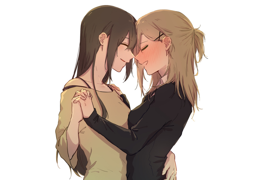 2girls blush brown_hair closed_eyes commentary_request eyebrows_visible_through_hair hair_ornament hairclip hand_on_another's_shoulder highres holding_hands interlocked_fingers light_brown_hair long_hair medium_hair multiple_girls natsuyiro_x original parted_lips simple_background white_background yuri