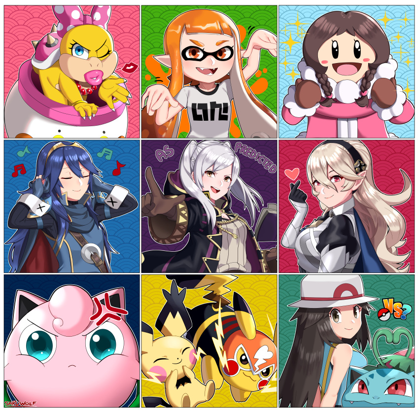 6+girls :3 :d absurdres anger_vein blowing_kiss blue_eyes blue_hair blush_stickers braid breasts brown_hair cape claws closed_eyes closed_mouth clothed_pokemon coat commentary corrin_(fire_emblem) corrin_(fire_emblem)_(female) cosplay_pikachu electricity english_commentary english_text fangs fangs_out fire_emblem fire_emblem_awakening fire_emblem_fates gloves hat heart highres ice_climber inkling ivysaur jigglypuff leaf_(pokemon) long_hair looking_at_viewer lucina_(fire_emblem) multiple_girls musical_note nana_(ice_climber) one_eye_closed open_mouth pichu pikachu pikachu_libre pointy_ears poke_ball_symbol pokemon pokemon_(creature) pokemon_(game) pokemon_frlg pokken_tournament robin_(fire_emblem) robin_(fire_emblem)_(female) sarukaiwolf silver_hair sleeveless smile spiky-eared_pichu splatoon_(series) super_mario_bros. super_smash_bros. tentacle_hair twin_braids wendy_o._koopa winter_clothes winter_coat