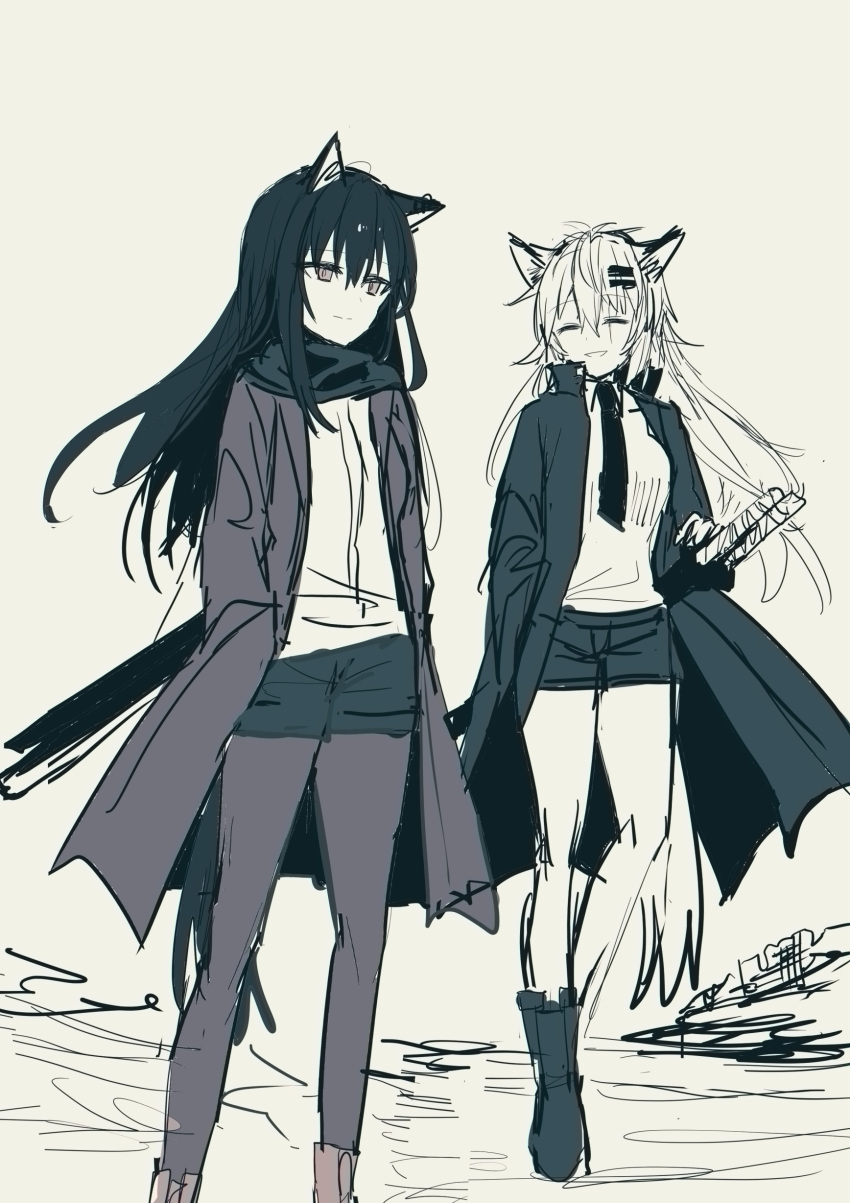 2girls :d ^_^ absurdres animal_ear_fluff animal_ears arknights bangs boots chihuri closed_eyes closed_mouth collared_shirt day dress_shirt eyebrows_visible_through_hair feet_out_of_frame grey_background greyscale hair_between_eyes hair_ornament hairclip highres jacket katana lappland_(arknights) legwear_under_shorts long_hair long_sleeves monochrome multiple_girls necktie open_clothes open_jacket open_mouth outdoors pantyhose sheath sheathed shirt short_shorts shorts sketch smile sword tail texas_(arknights) very_long_hair walking weapon