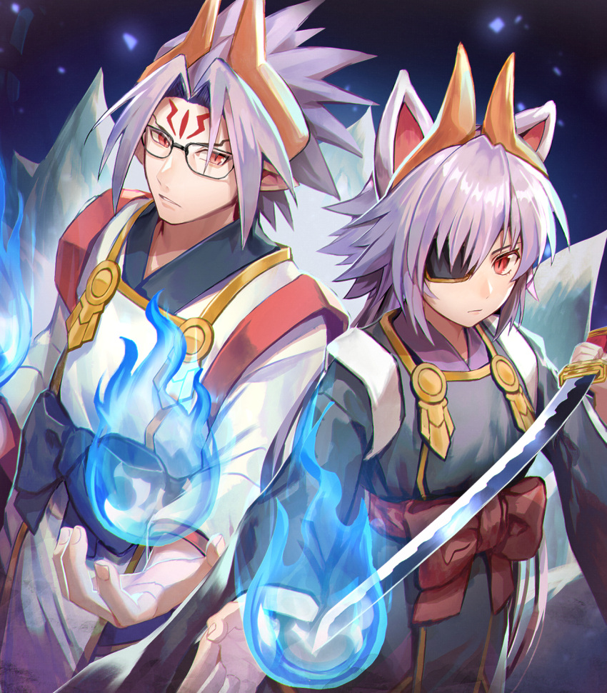 1boy 1girl animal_ears bangs blue_fire commentary_request eyebrows_visible_through_hair fire fox_boy fox_ears fox_girl fox_tail glasses hair_between_eyes hakama hand_up headgear highres holding holding_sword holding_weapon japanese_clothes kuon_(shinrabanshou) kyuubi long_hair long_sleeves multiple_tails penguu_(green528) red_eyes sash setsuna_(shinrabanshou) shinrabanshou silver_hair sword tail very_long_hair weapon